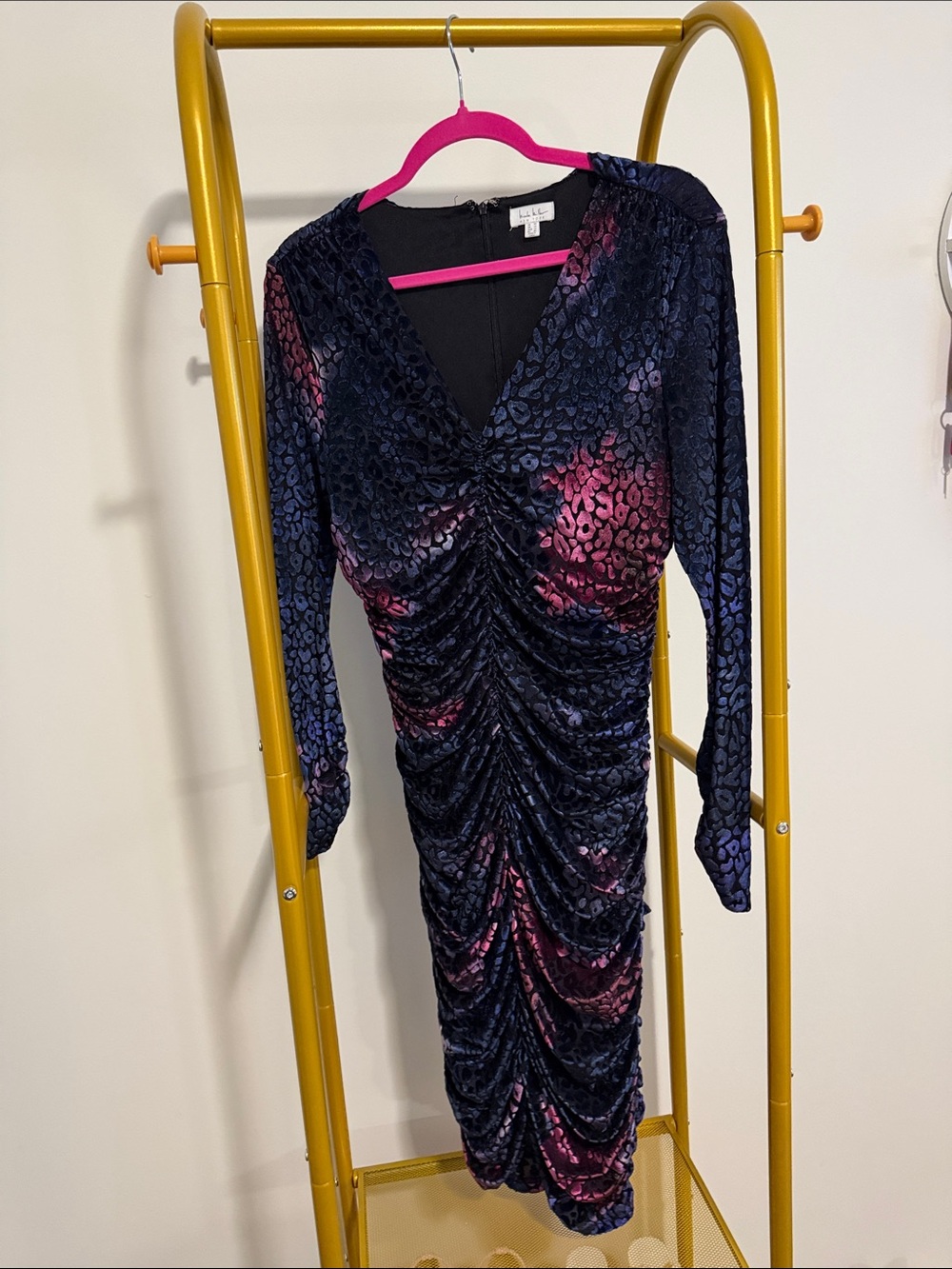 Nicole Miller Navy and Pink Ruched Velvet Long Sleeve Dress